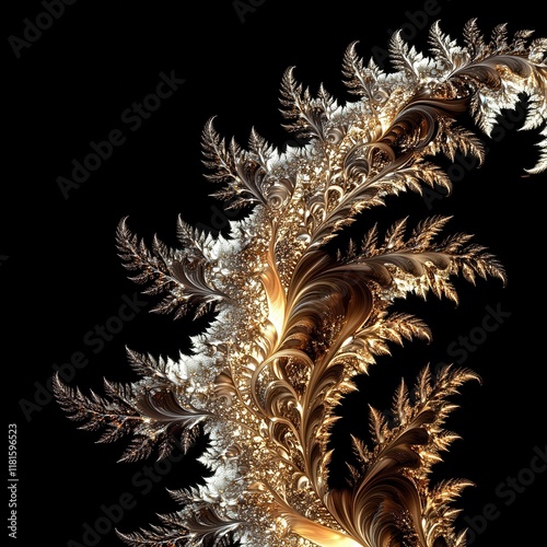 Intricate Golden and Silver Fractal Branch on Black Background.