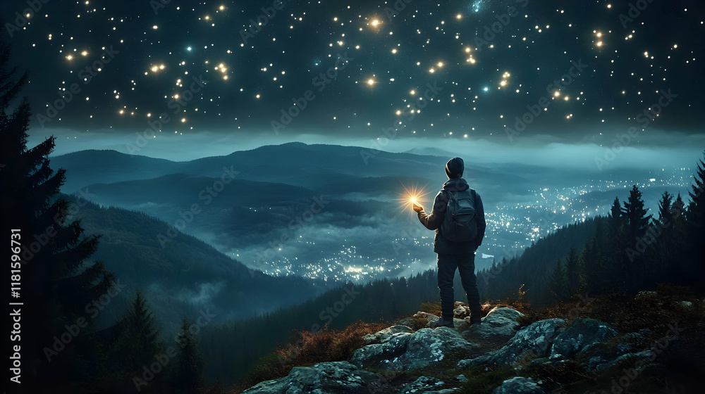 Obraz premium Hiker Explores Misty Mountain Valley Under Starry Night with Bright Light Quietly