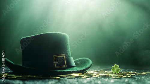 Green leprechaun hat rests on sparkling gold coins under soft light during a festive celebration photo