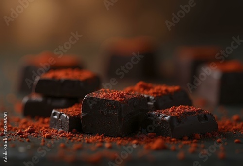 Dark chocolate pieces with red chili powder sprinkled over them, softly illuminated to create a luxurious and spicy ambiance. photo