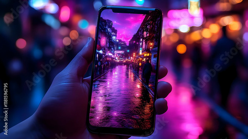 City Street Reflects Neon L...