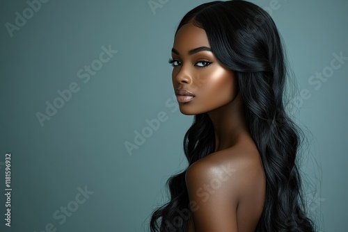 A striking ebony woman stands with her back turned, exuding elegance through her long, flowing hair and confident posture