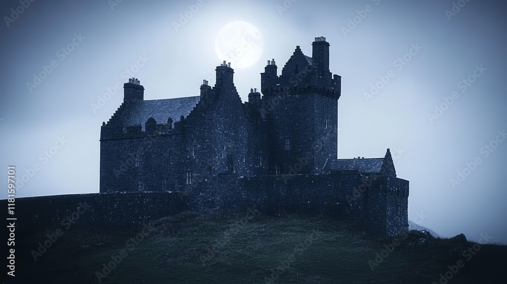 Obraz premium Ancient Stone Castle Under Moonlight Night