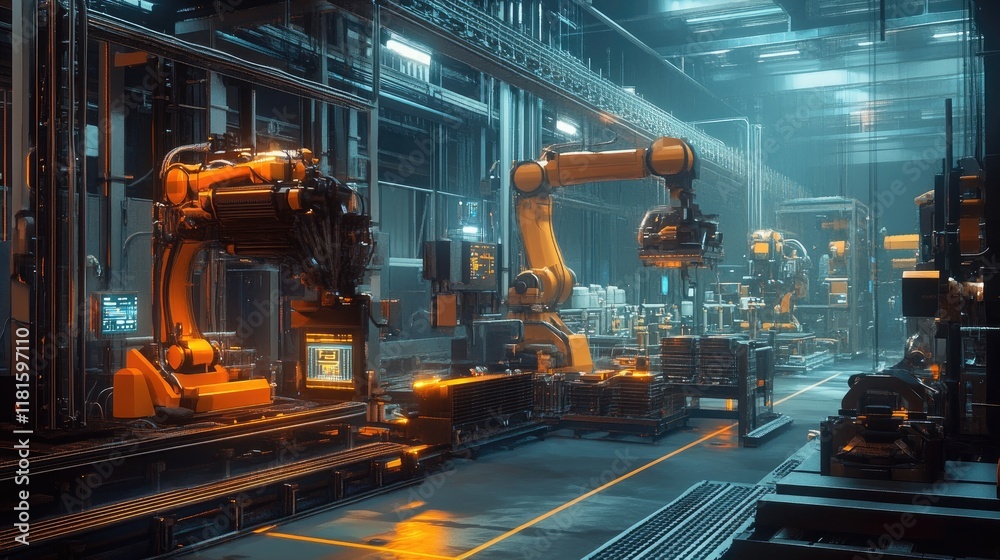Futuristic Industrial Robotics in Advanced Automation Warehouse Futuristic Industrial Robotics in Advanced Automation Warehouse