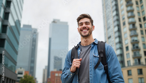 Wallpaper Mural Smiling student with backpack in urban cityscape, positive vibes Torontodigital.ca