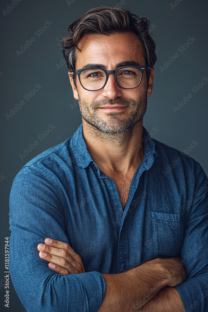 Obraz premium Portrait of happy fashionable handsome man in jeans shirt and glasses crossing hands and smiling
