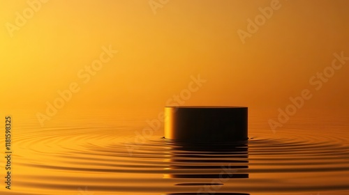 Minimalist 3D Render of Dark Cylinder on Golden Water with Ripples, Perfect for Product Display.