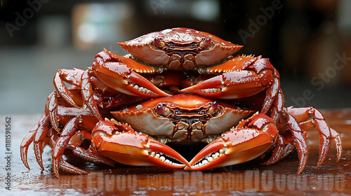 Crabs Stacked on Wet Table ...