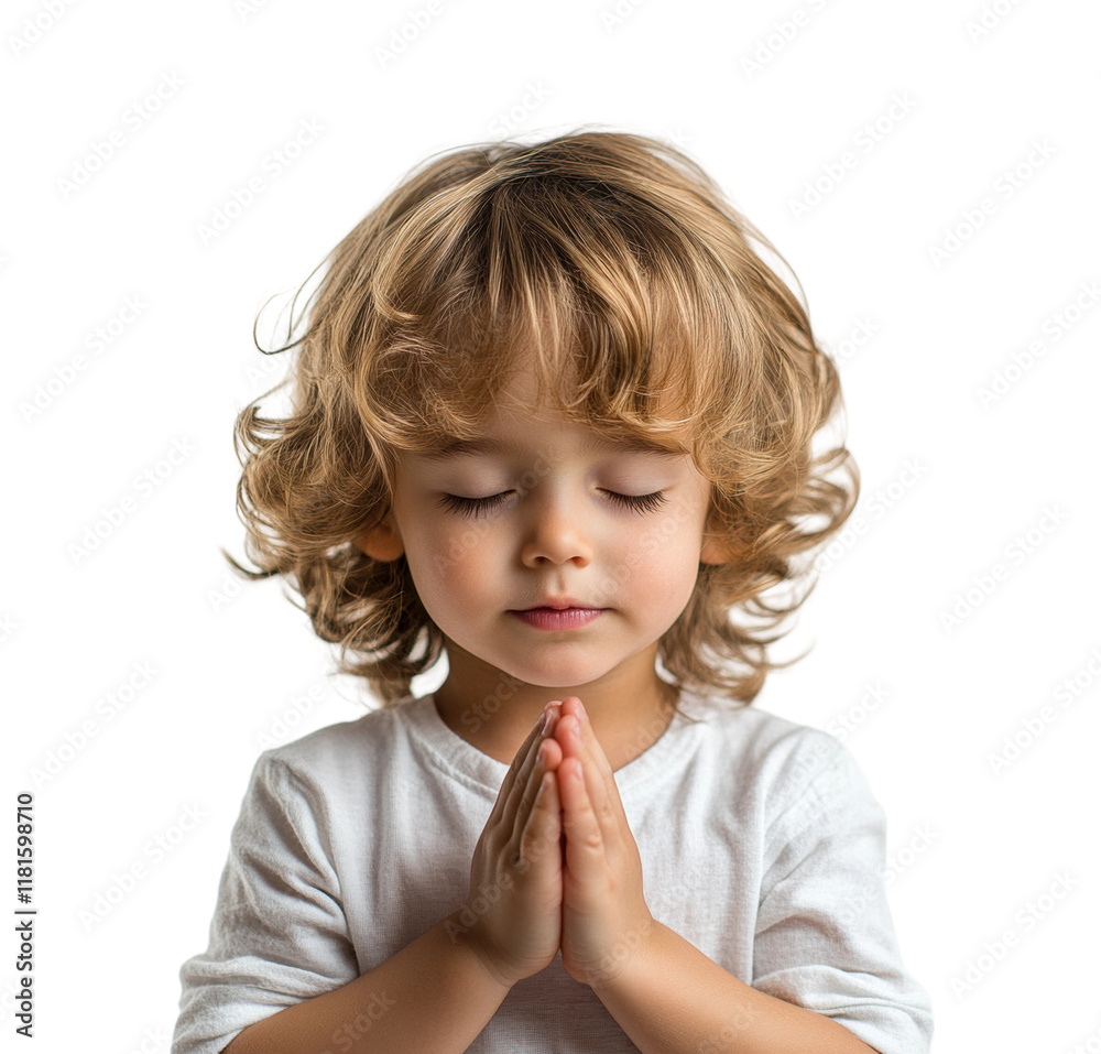 Adorable child praying with closed eyes, wearing a white shirt, peaceful expression, symbol of innocence and spirituality, portrait of young boy isolated on transparent background Adorable child praying with closed eyes, wearing a white shirt, peaceful expression, symbol of innocence and spirituality, portrait of young boy isolated on transparent background