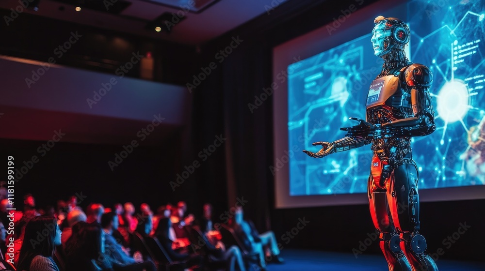 Fototapeta premium Futuristic Robot Presenter Engaging Audience at Technology Conference