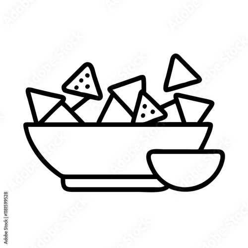 chips and salsa icon, foods line art, foods vector - simple black line art icon of chips and salsa perfect for logos, and foods -themed designs.