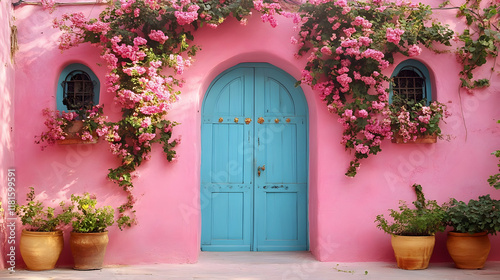 Pink Wall with Blue Door En...