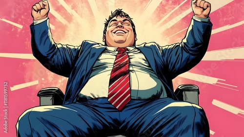 A cartoon of a figure in an office chair, arms raised with joy and excitement