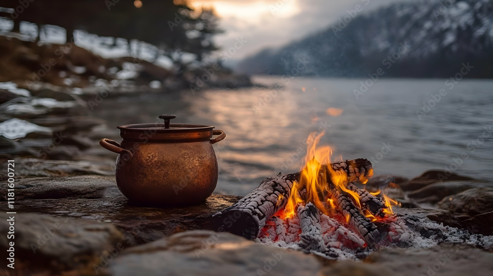 Cooking Pot Heats on Campfire by River at Sunset with Snowy Banks Cooking Pot Heats on Campfire by River at Sunset with Snowy Banks