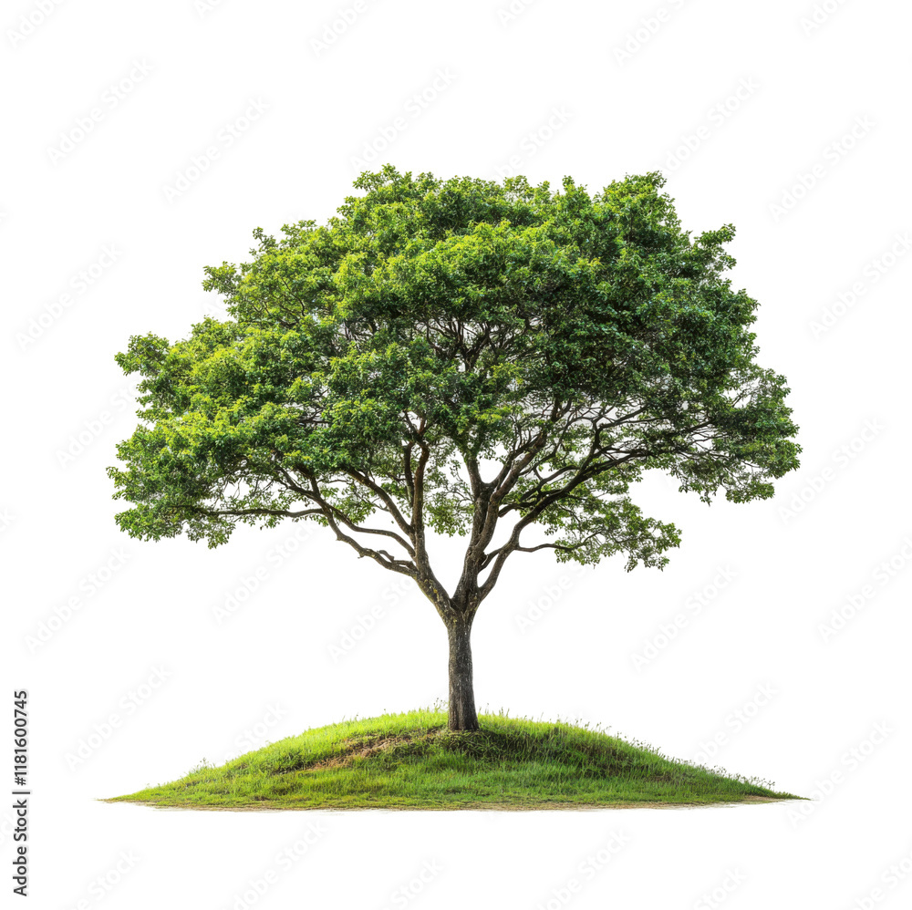 Majestic large green tree with full foliage, standing alone on a grassy hill, symbolizing nature, growth, environment, and tranquility isolated on transparent background Majestic large green tree with full foliage, standing alone on a grassy hill, symbolizing nature, growth, environment, and tranquility isolated on transparent background