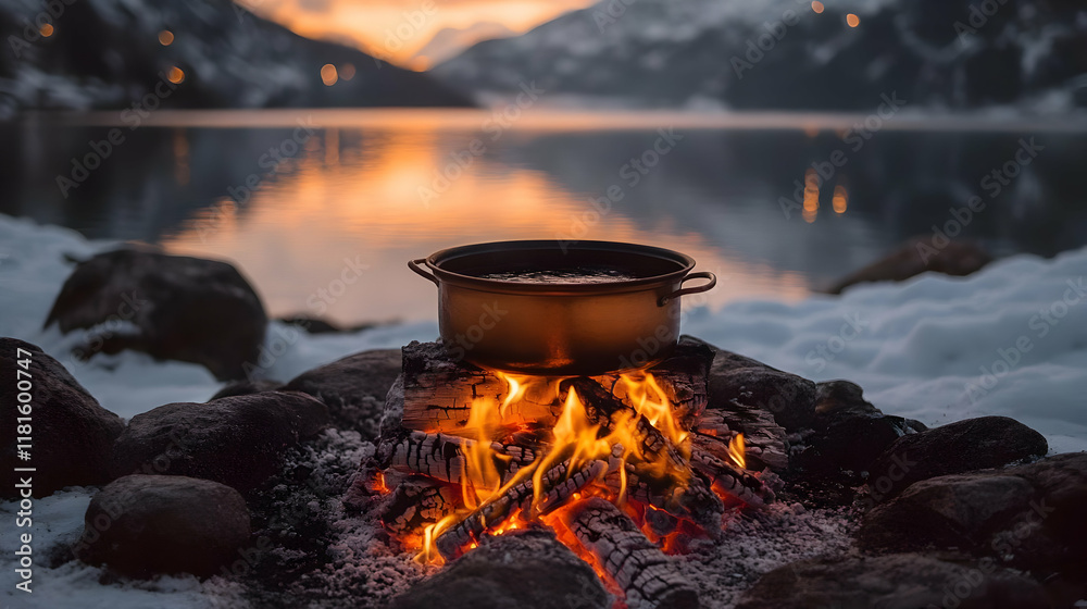 Cooking Food on Campfire by Lake at Sunset Winter Camping Beautifully Cooking Food on Campfire by Lake at Sunset Winter Camping Beautifully