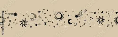 Trendy celestial seamless pattern, zodiac background hand drawn, stars, moon, space, great for textiles, wallpapers, surfaces - vector design