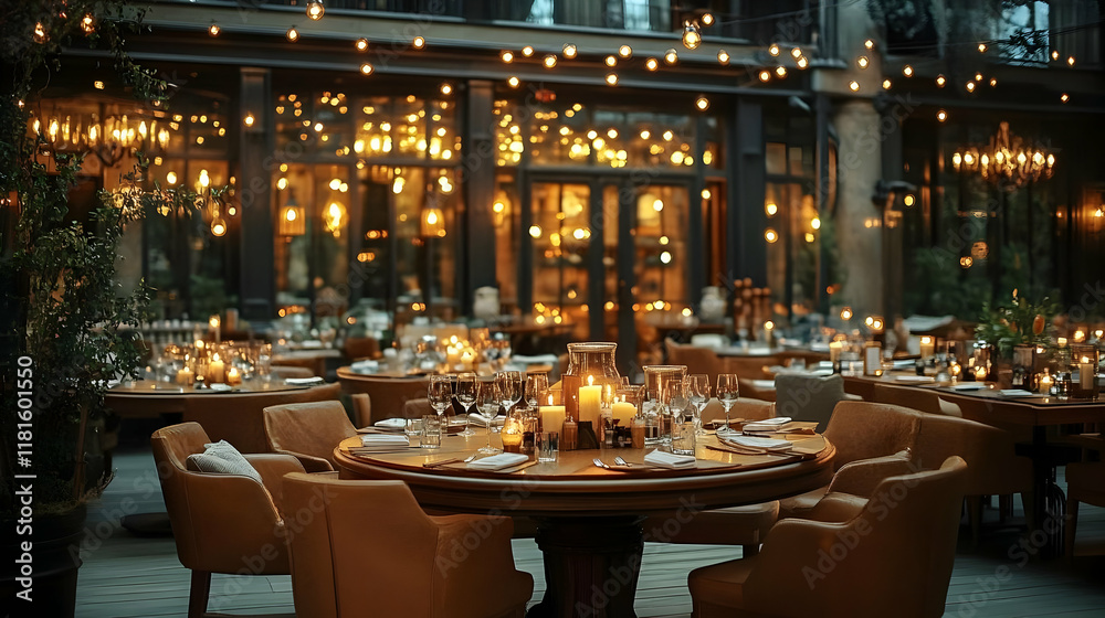Fototapeta premium Restaurant Ambiance Creates Warm Dining with Candlelight and Soft Lighting