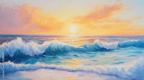Dramatic Ocean Sunset Oil Painting with Crashing Waves and Golden Sky. photo