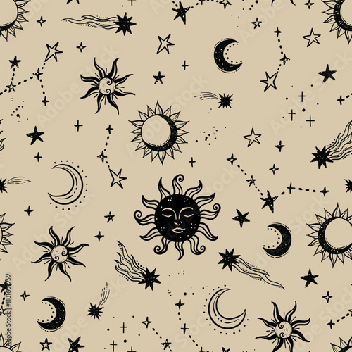 Trendy celestial seamless pattern, zodiac background hand drawn, stars, moon, space, great for textiles, wallpapers, surfaces - vector design