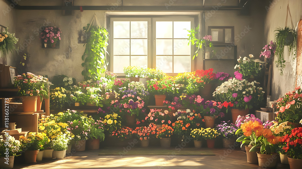 Obraz premium Colorful Flowers Bloom Beautifully in Pots by Sunny Window with Greenery