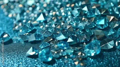 Glistening collection of blue gemstones on shimmering surface creates a mesmerizing visual effect