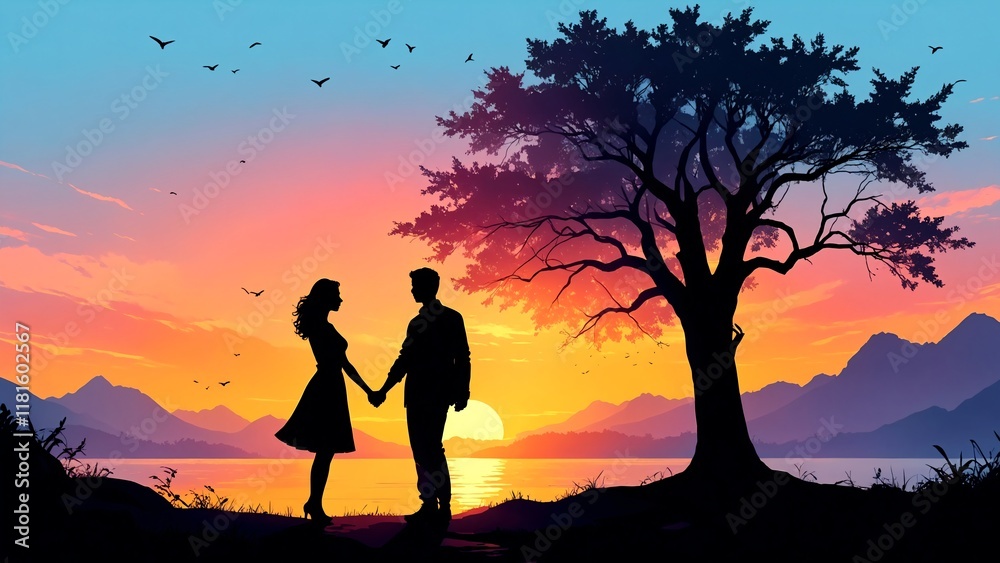 valentine illustration silhouette of couple holding hands at sunset valentine illustration silhouette of couple holding hands at sunset
