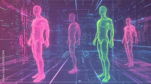 Futuristic Wireframe Human Figures in Neon Digital Environment