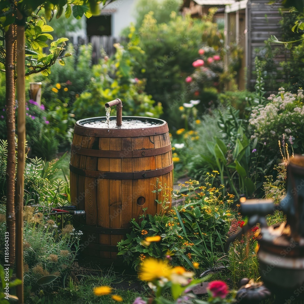 Obraz premium A wooden rain barrel overflowing with water in a vibrant garden filled with blooming flowers during late afternoon sunshine