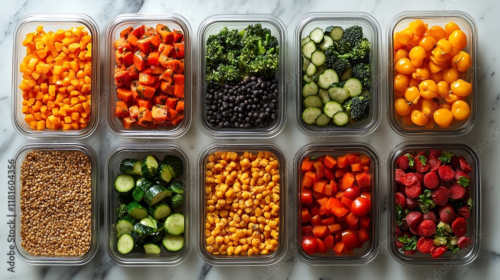 Flatlay of healthy meal prep container colorful vegetable grain marble kitchen countertop ready week Flatlay of healthy meal prep container colorful vegetable grain marble kitchen countertop ready week