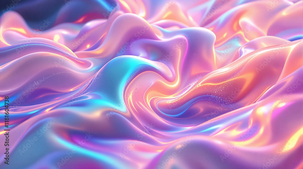 Fototapeta premium Iridescent, abstract background with flowing, wavy forms in pastel rainbow colors. Great for representing fantasy, dreams, or modern, colorful designs.