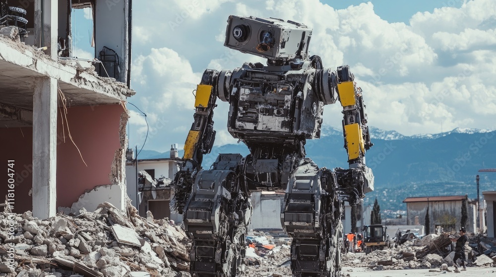 Robot Walker Navigates Ruins of a Dystopian Urban Environment Robot Walker Navigates Ruins of a Dystopian Urban Environment