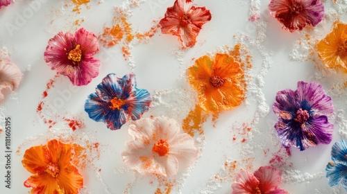 Holi powders creating abstract floral shapes on a bright white surface, blending tradition with creativity. photo