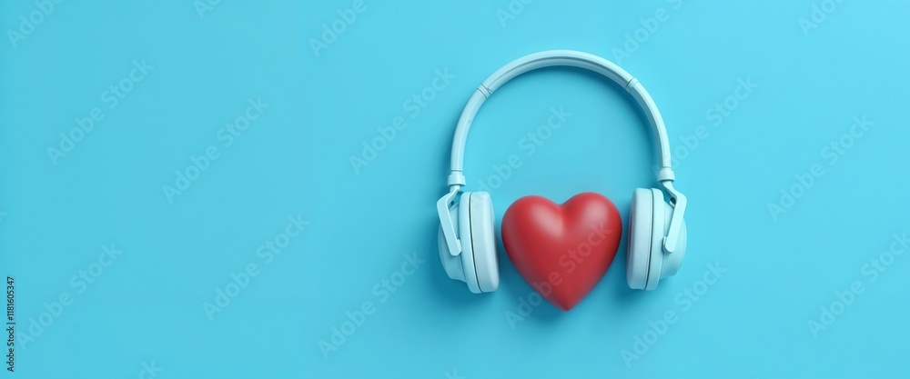 Banner with copy space, showing headphones and red heart, symbolizing health.Well-being. Harmony. Connection.Health awareness. Human health. Fitness promotion. Health benefits. Medical poster. Banner with copy space, showing headphones and red heart, symbolizing health.Well-being. Harmony. Connection.Health awareness. Human health. Fitness promotion. Health benefits. Medical poster.
