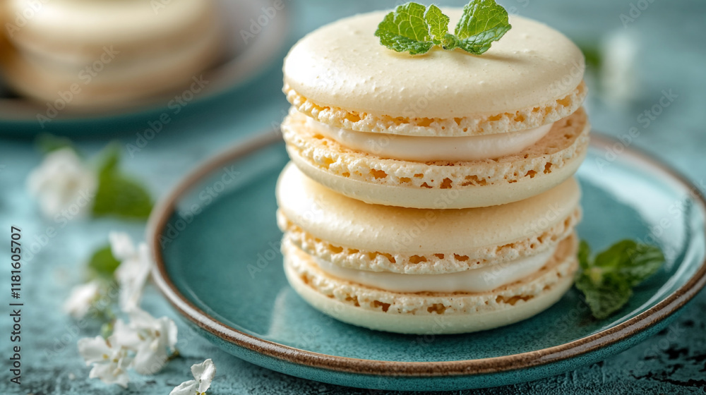 Delicious macaron stack on a turquoise plate with mint leaves and flowers Delicious macaron stack on a turquoise plate with mint leaves and flowers