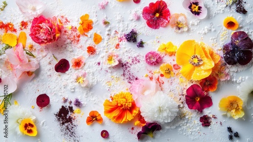 Holi powders creating abstract floral shapes on a bright white surface, blending tradition with creativity. photo