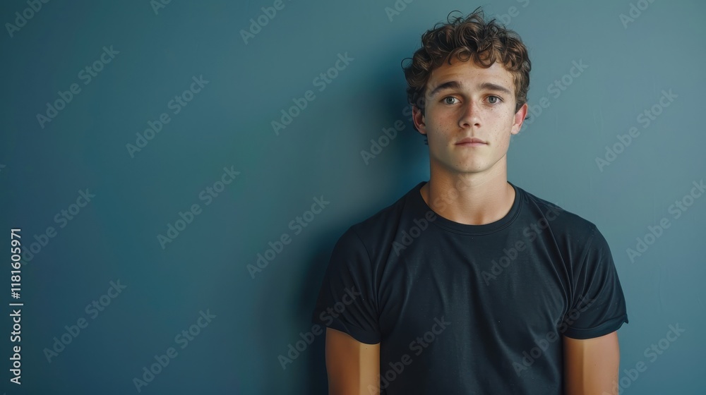 Obraz premium A young man with curly hair stands against a blue wall, expressing emotions in a casual black t-shirt
