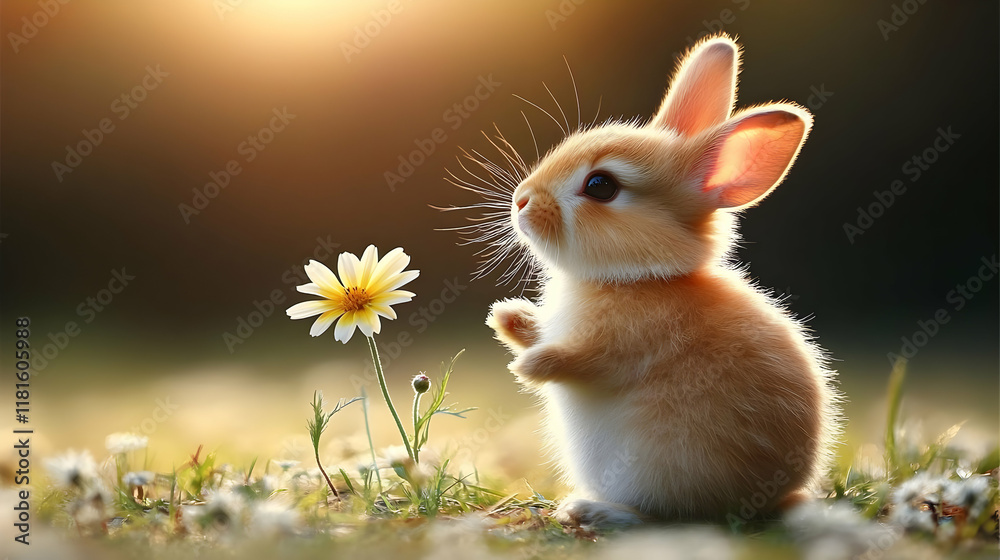 Fototapeta premium Cute Bunny Smells Flower in Meadow at Golden Hour