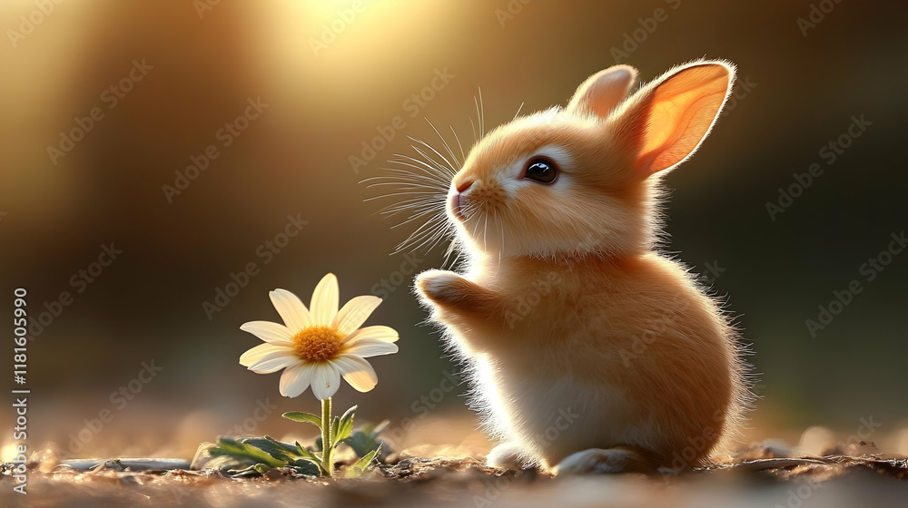 Fototapeta premium Cute Bunny Admires a Daisy in Golden Sunlight