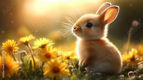 Cute Bunny Sits in Meadow w...