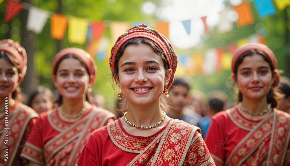 Smiling student in cultural attire at school event, celebration spirit Smiling student in cultural attire at school event, celebration spirit
