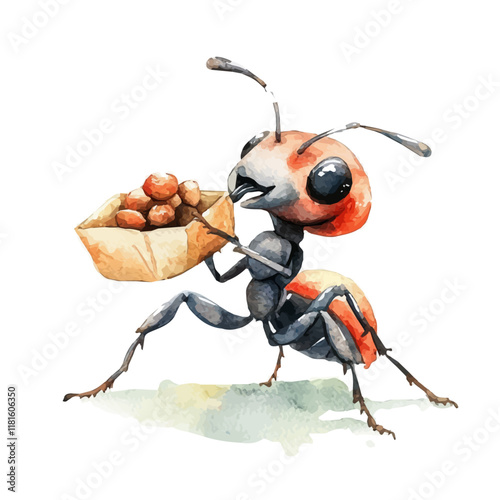 A watercolor drawing of an ant carrying food, isolated on a white background. Ant vector.
