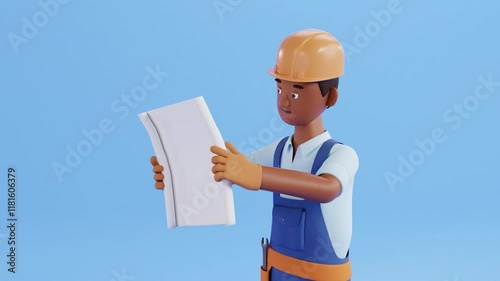 Builder character animation. Construction site worker, handyman holding and analyzing blueprint. Professional worker, renovation service animated stock footage, cartoon style, 3d render