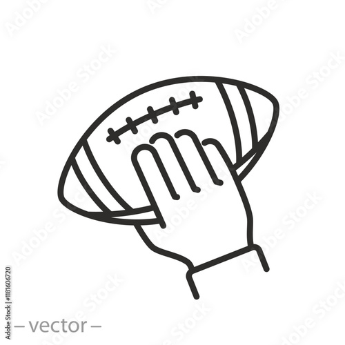 hand holding american football ball icon, thin line simple web symbol on white background concept, editable stroke vector illustration eps10