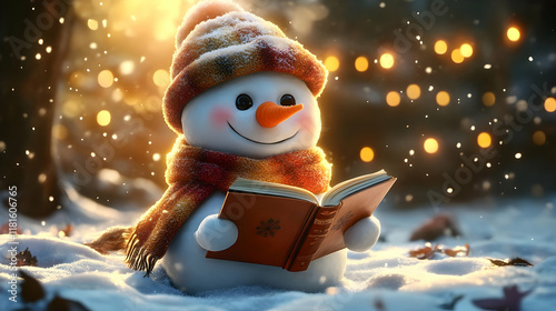 Snowman Reads Book in Winte...