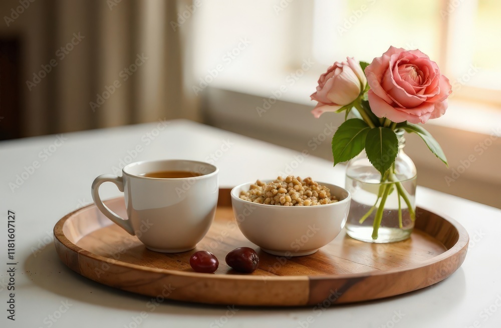 Minimalist Suhoor setting with warm natural lighting Minimalist Suhoor setting with warm natural lighting