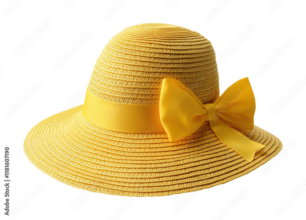 Stylish straw hat with yellow ribbon bow, elegant summer sun hat, woven accessory for beach and vacation, fashion design isolated on transparent background Stylish straw hat with yellow ribbon bow, elegant summer sun hat, woven accessory for beach and vacation, fashion design isolated on transparent background