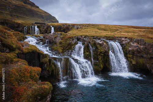 Front view to the Kirkjufell waterfall. Kirkjufellsfoss cascading, Iceland. 