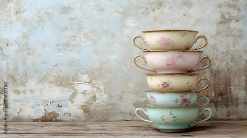 Vintage Teacups Stacked Ele...