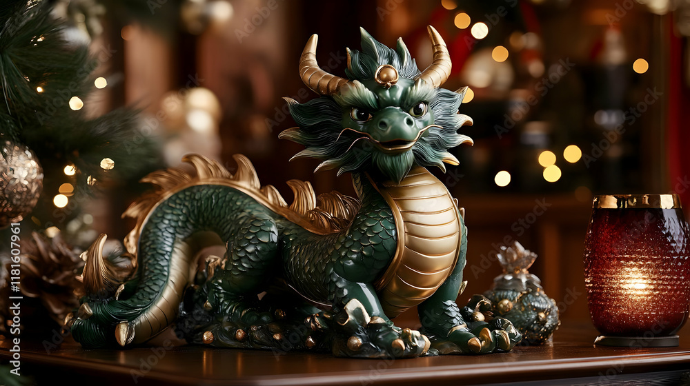 Fototapeta premium Green Dragon Sculpture Sits Majestically with Golden Accents